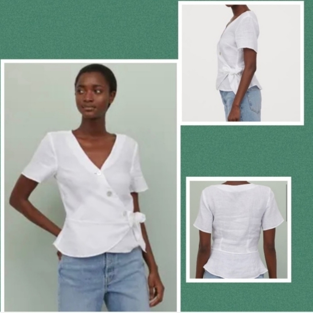 H&M 100% linen Wrapover white button front blouse top Size Medium